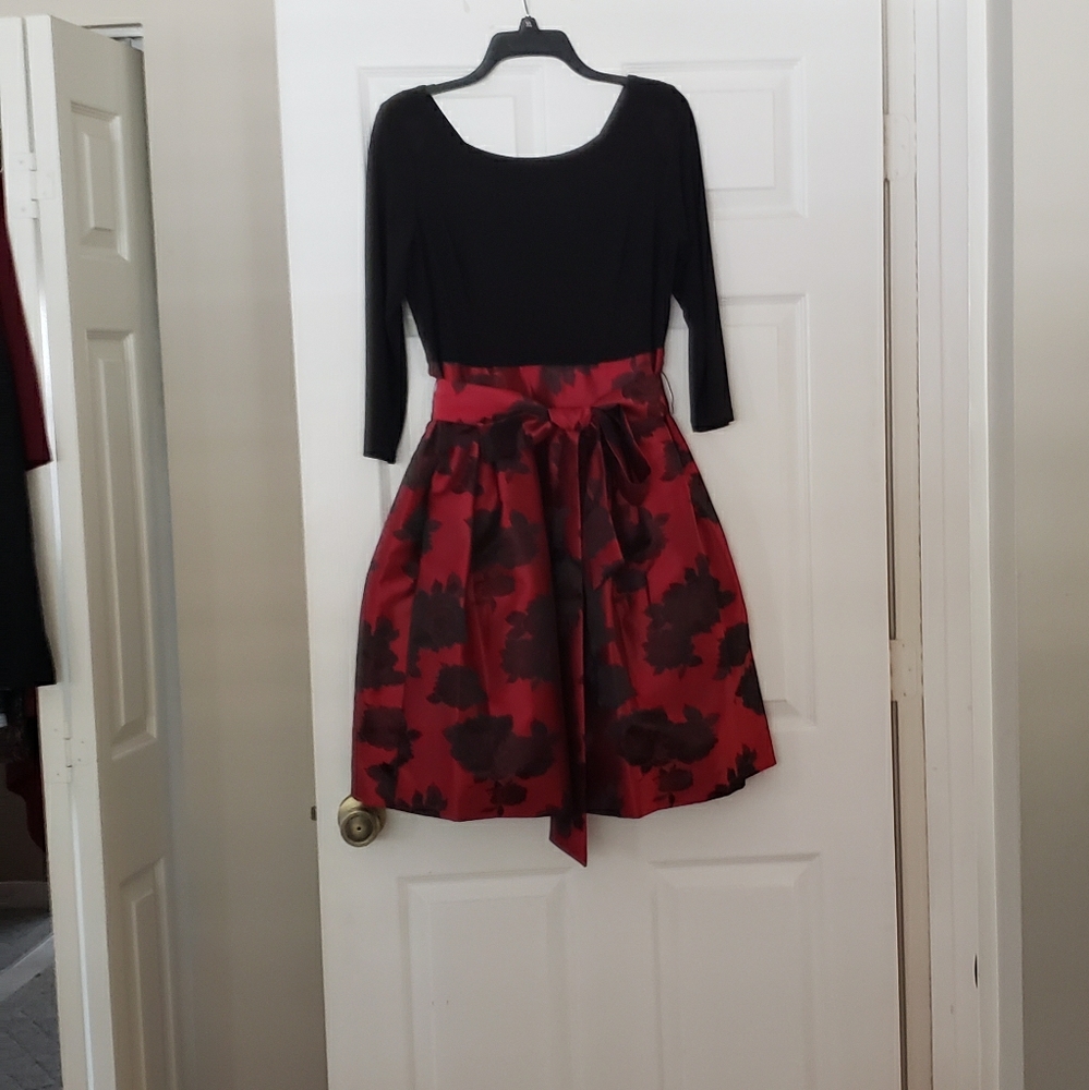 Red and black full, pleated skirt dress